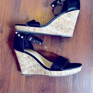 Marc Fisher Black Wedge Studded Leather Sandals Size 10